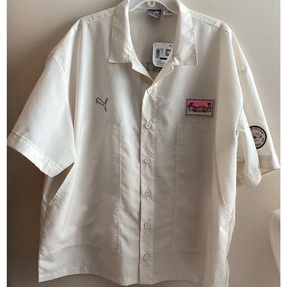 Puma Pl Summer Crew Collared Short Sleeve Button Up Alpine Snow XL Shirt NWT - Picture 1 of 10